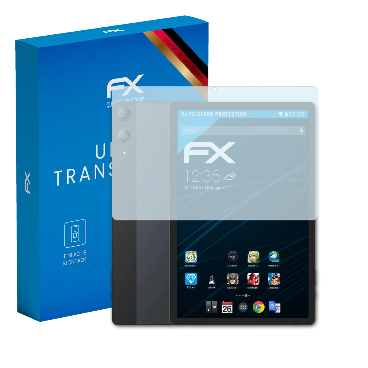 Blaue Verpackung mit FX-Logo neben einem Tablet mit Displayschutzfolie, Made in Germany