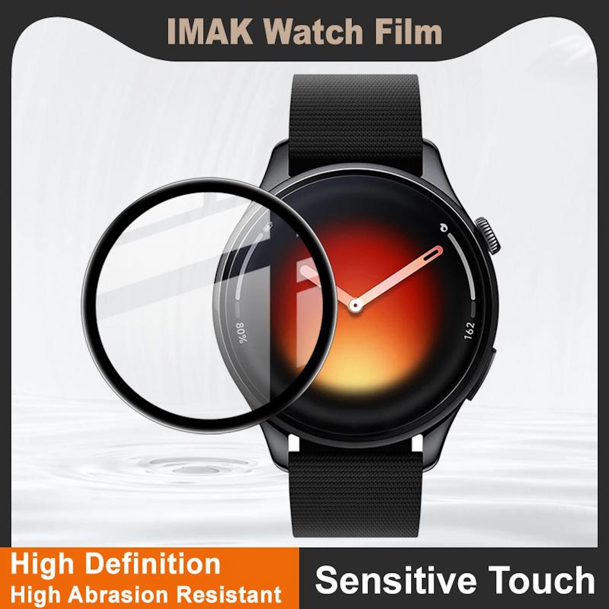 Eine Schutzfolie liegt vor einer Smartwatch mit einem roten und gelben Zifferblatt.