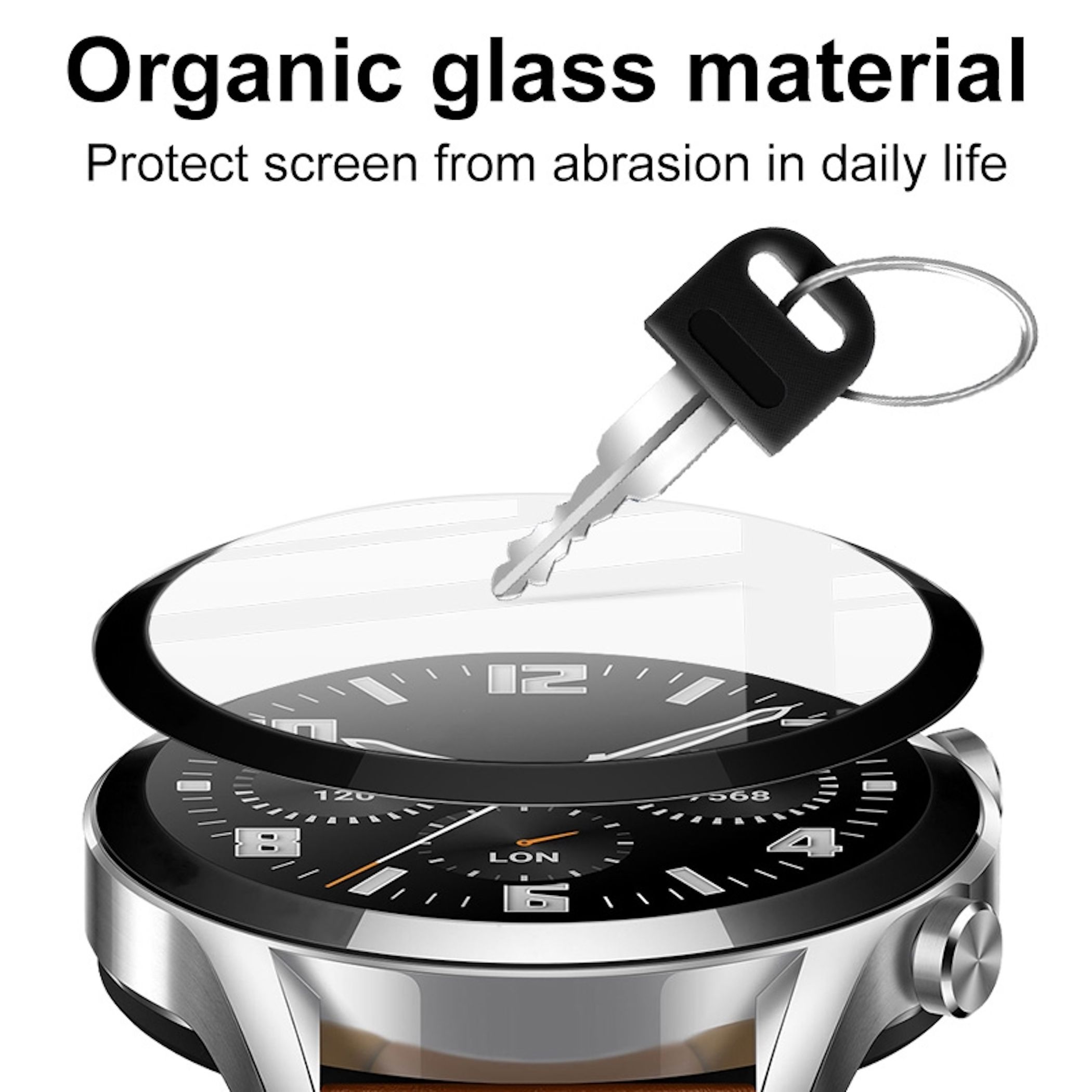 Eine Glasschutzfolie wird über eine Smartwatch gelegt, ein Schlüssel schwebt darüber.