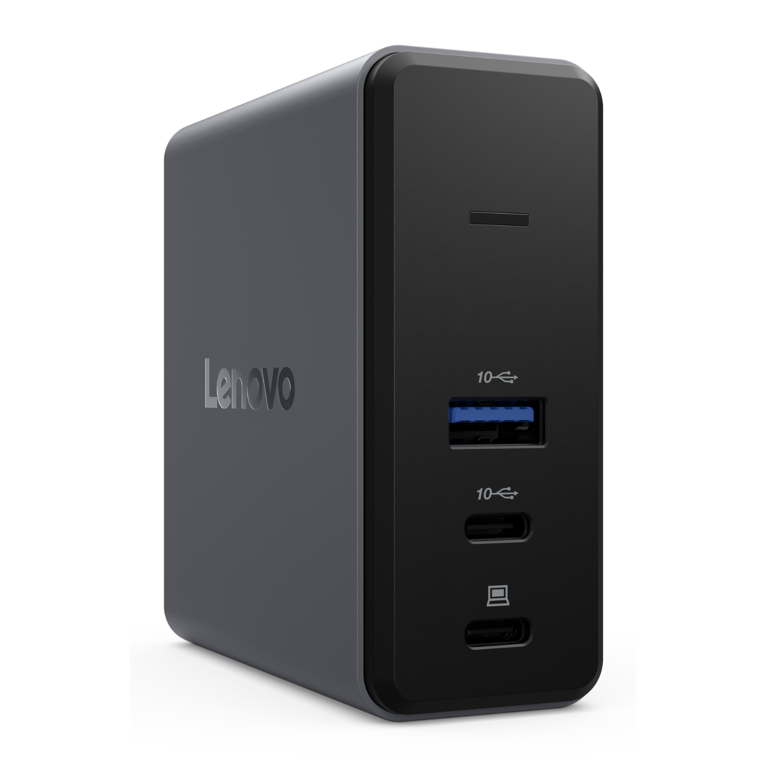 Schwarzer Lenovo Ladestecker mit USB-A und zwei USB-C Anschlüssen.