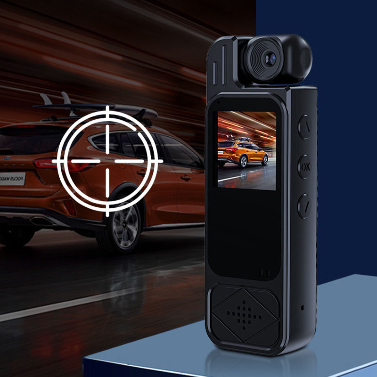 Ein schwarzer Dashcam mit einem Bildschirm, der ein oranges Auto zeigt, neben einem stilisierten Auto.