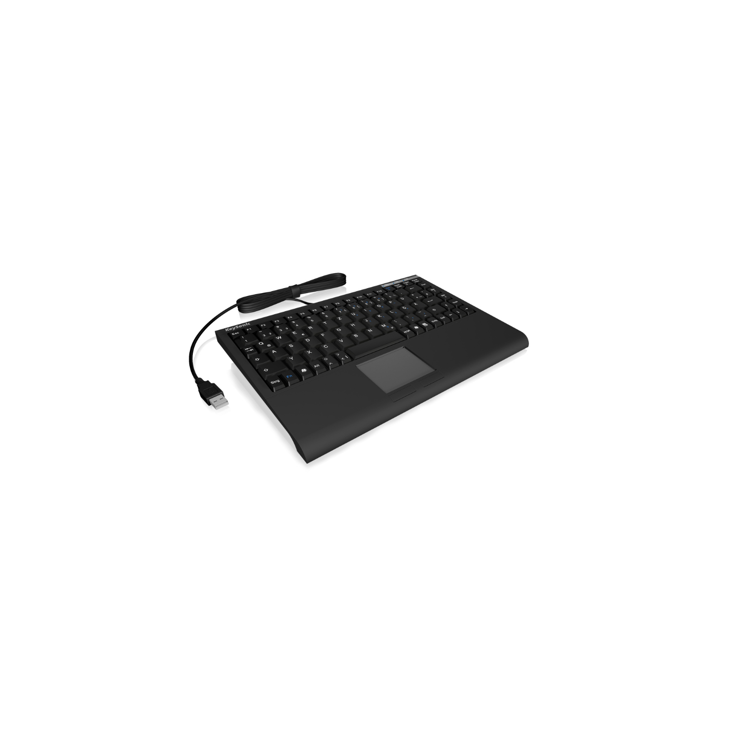 Tastiera nera con touchpad e cavo USB, su sfondo bianco.
