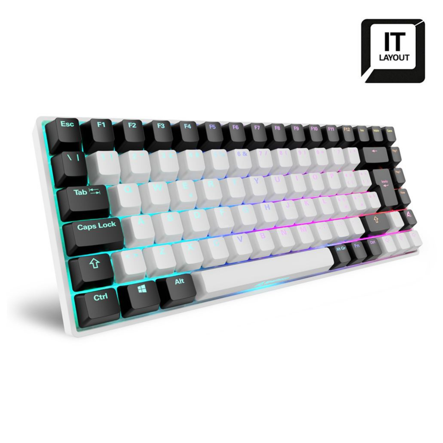 Una tastiera bianca con illuminazione RGB e scritte nere.