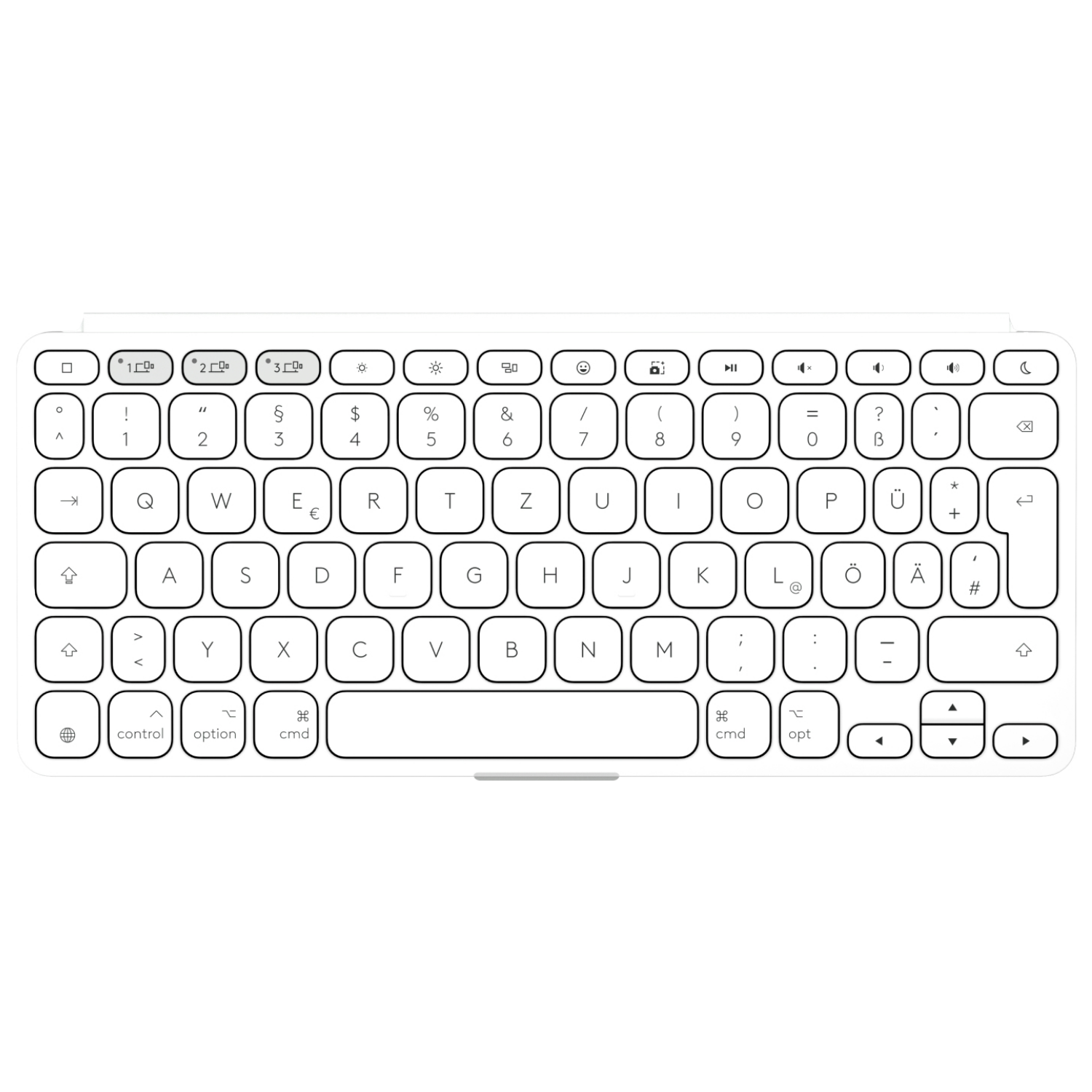 Eine weiße Tastatur mit schwarzen Tasten und Symbolen auf weißem Hintergrund.