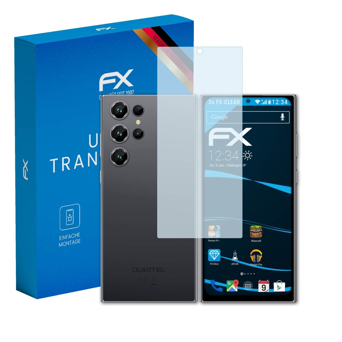 FX-Displayschutzfolie für Oukitel-Smartphone, Verpackung und Folie im Bild.