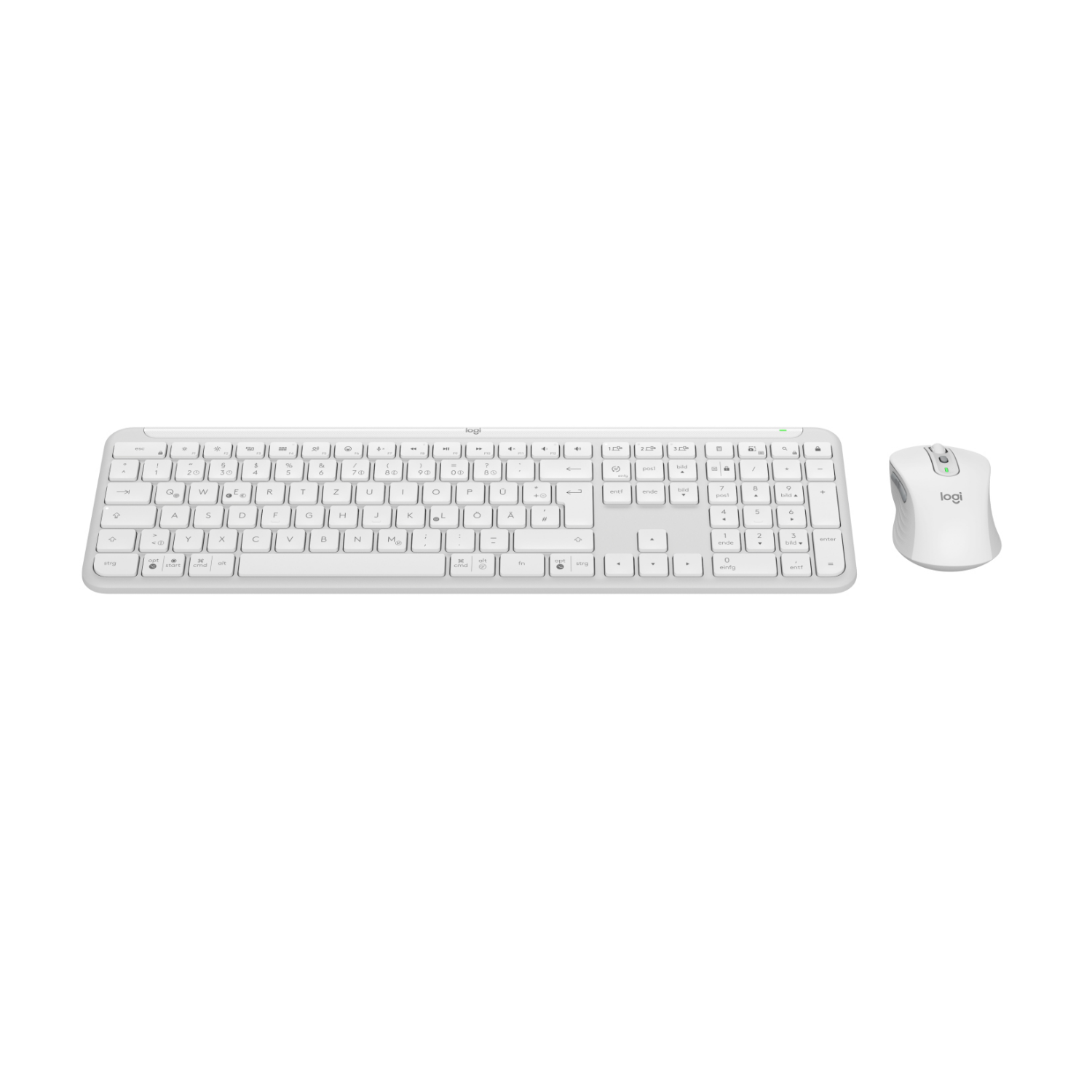 Una tastiera e un mouse Logitech bianchi sono uno accanto all'altro.