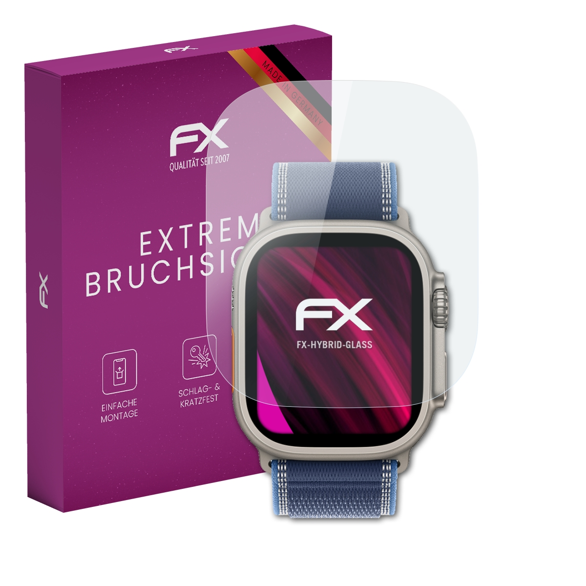 Verpackung und Displayschutzfolie für eine Smartwatch, Made in Germany.