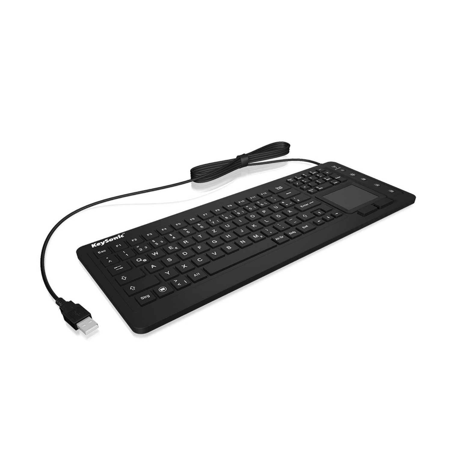 Tastiera USB nera con touchpad integrato su sfondo bianco.