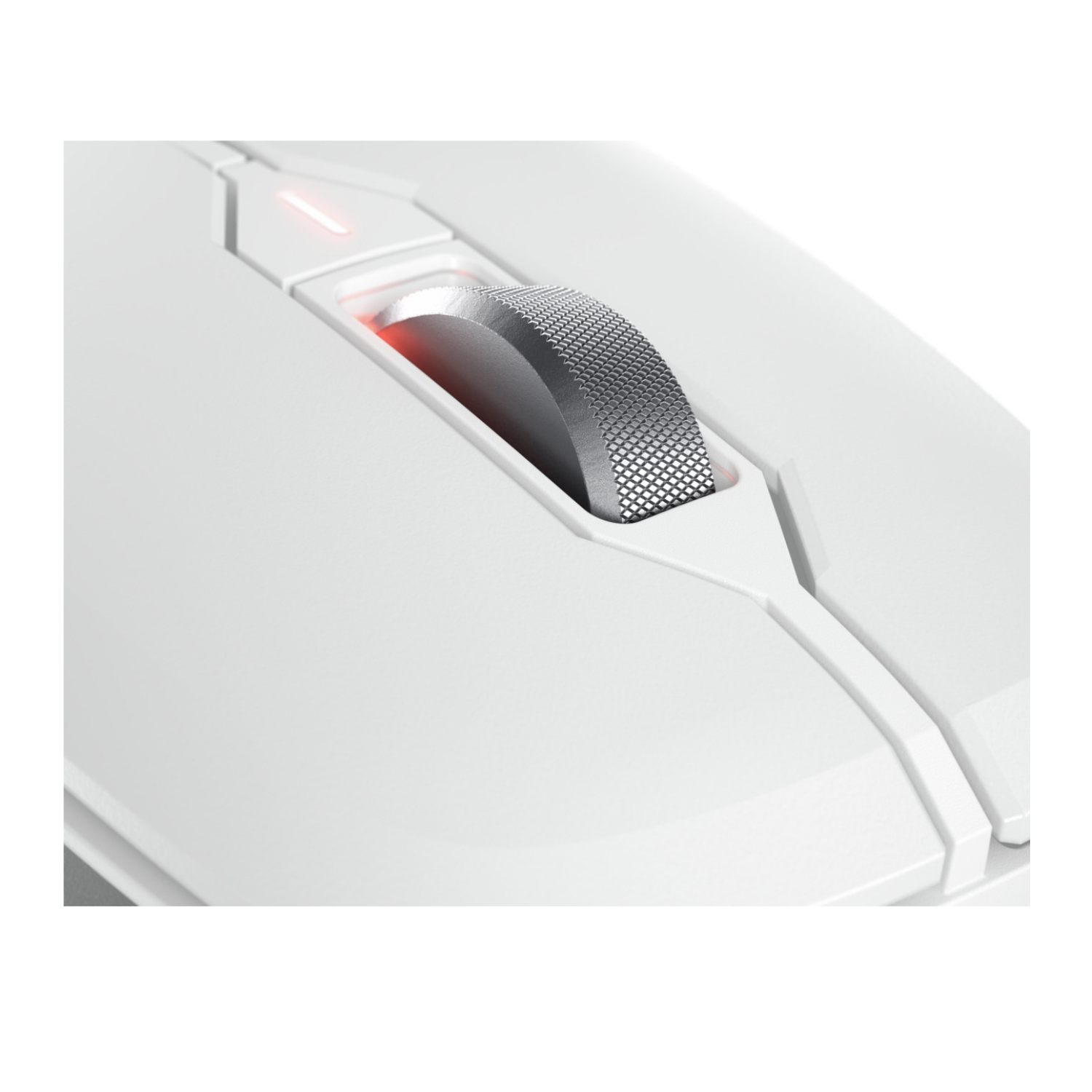 Primo piano di un mouse bianco per computer con rotellina metallica e luce rossa.