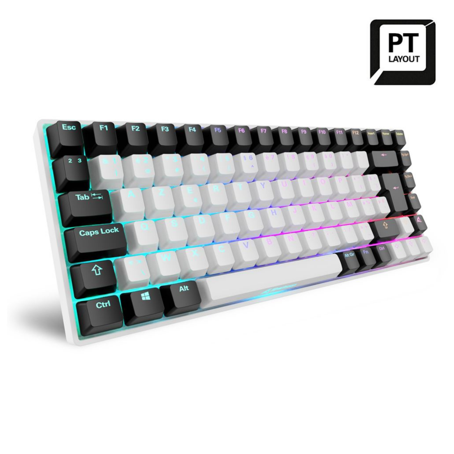 Una tastiera bianca con illuminazione RGB e adesivo layout PT.