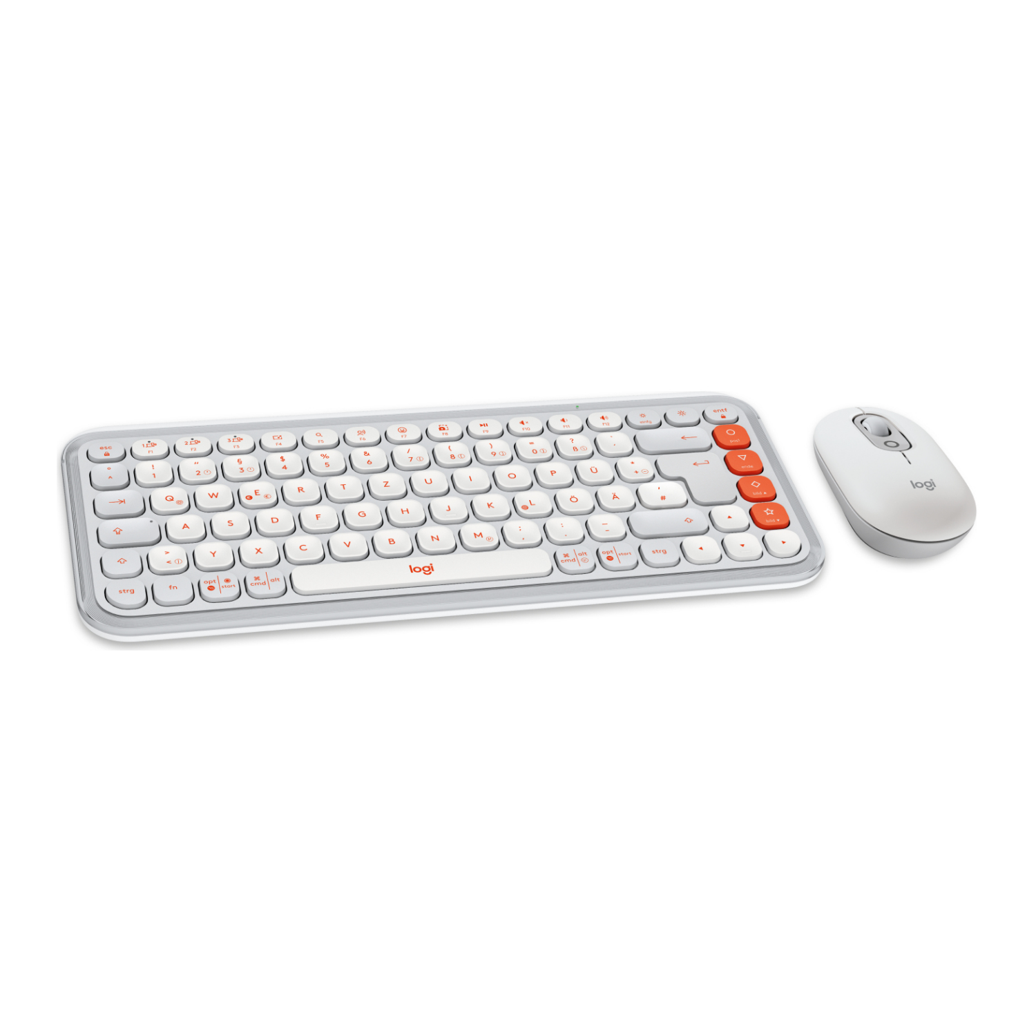 Biała klawiatura i mysz Logitech z pomarańczowymi akcentami.