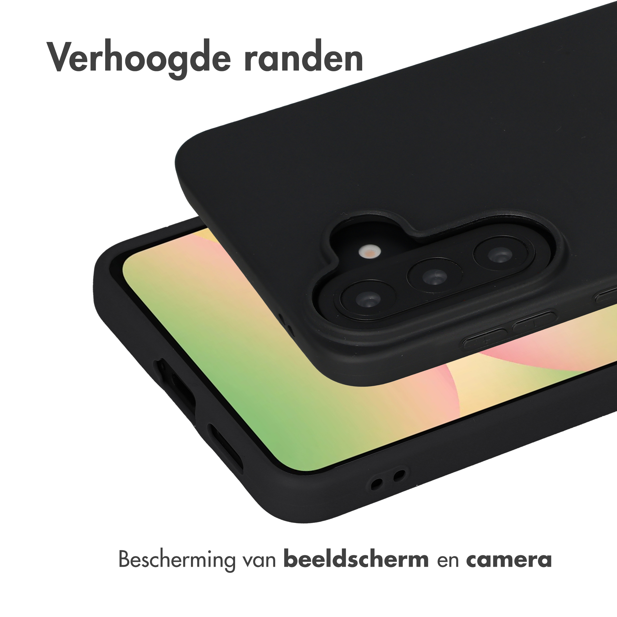 Funda de teléfono negra sobre un smartphone mostrando cámara y pantalla.