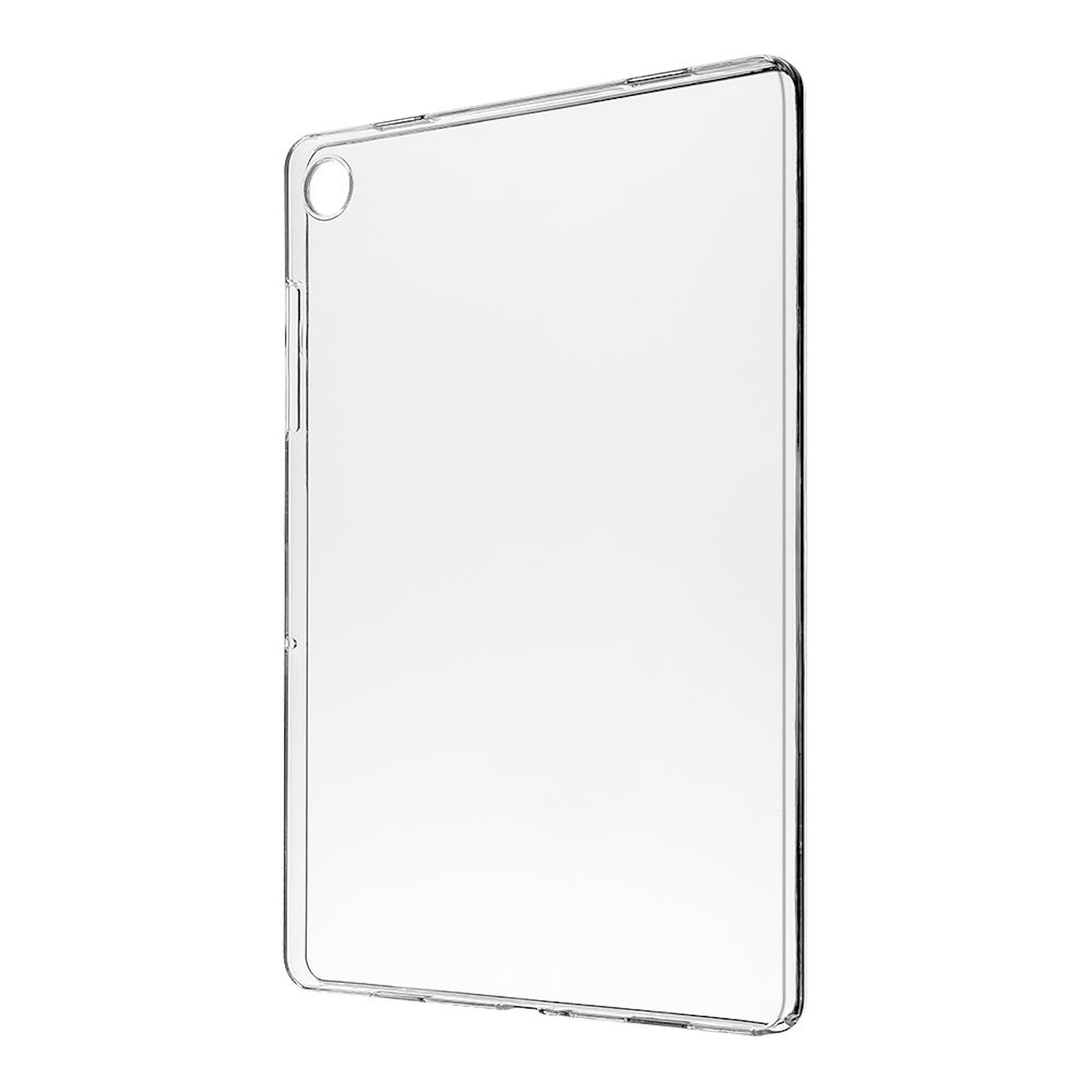 Funda protectora transparente para una tablet, sobre fondo blanco.