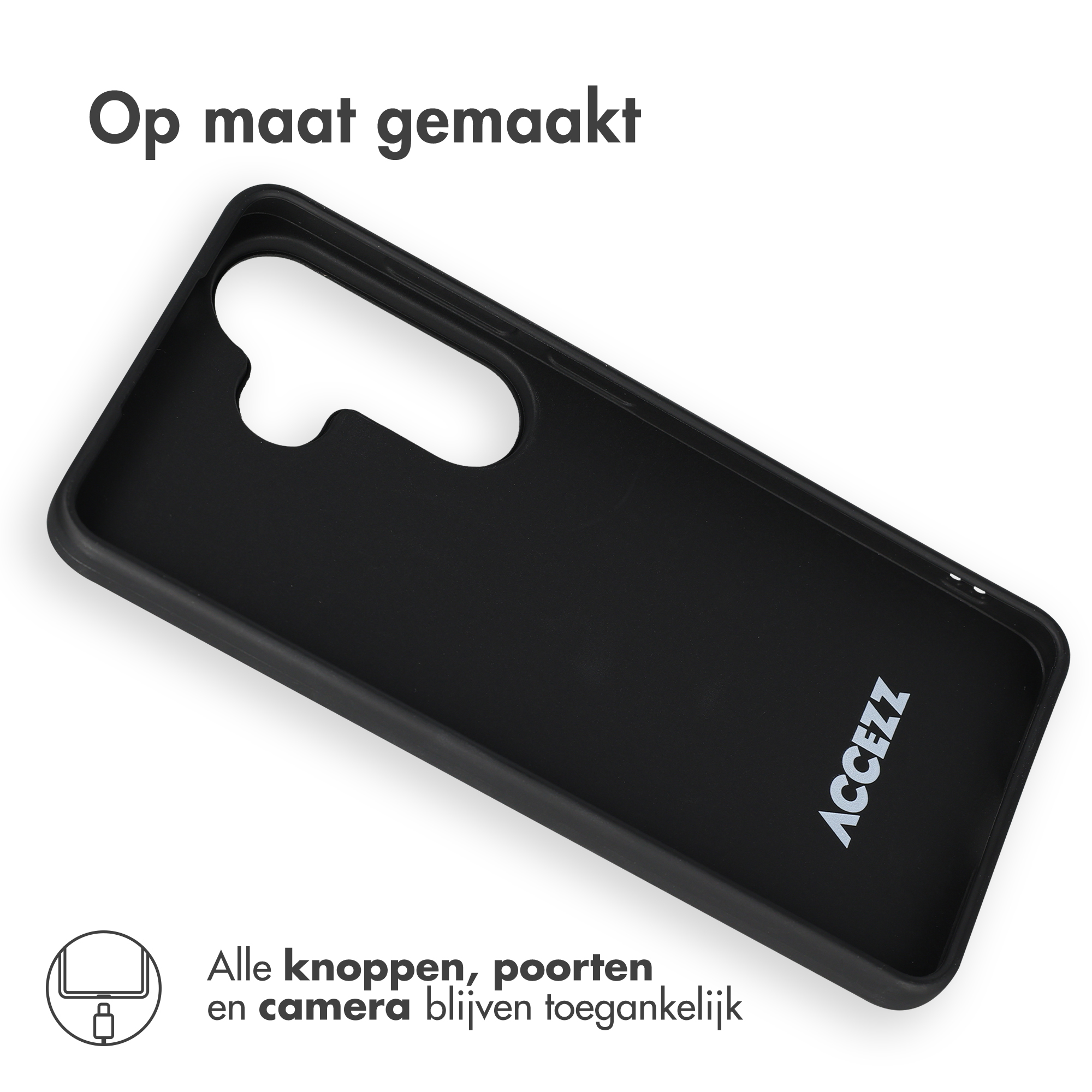 Funda negra para teléfono con recortes para botones y cámara.