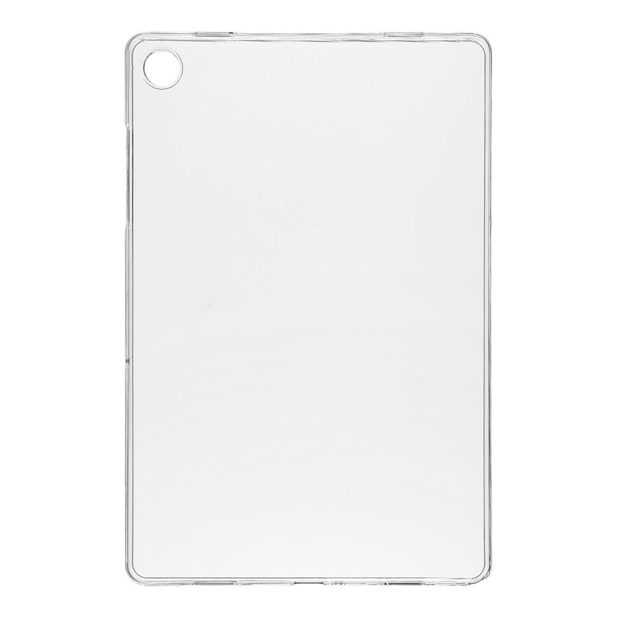Una funda transparente para tablet con recorte de cámara redondo arriba a la izquierda.