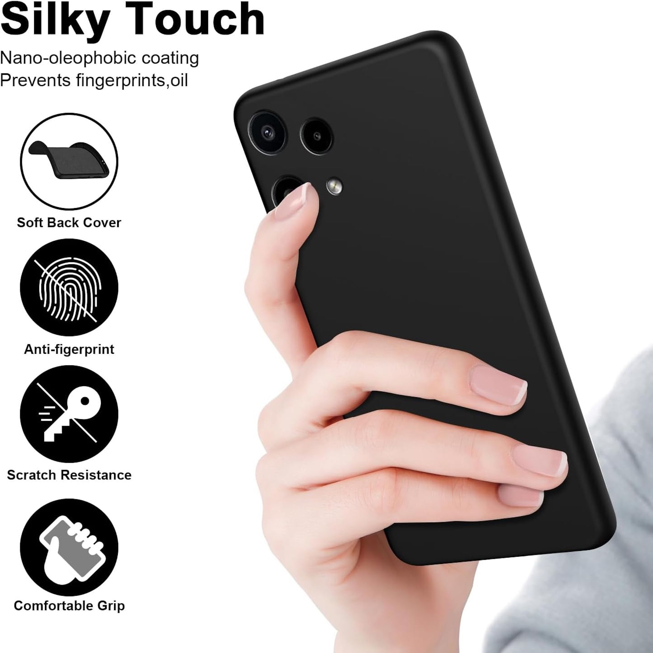 Eine Hand hält eine schwarze Handyhülle und zeigt Merkmale wie weiche Hülle, Anti-Fingerabdruck und Griff.