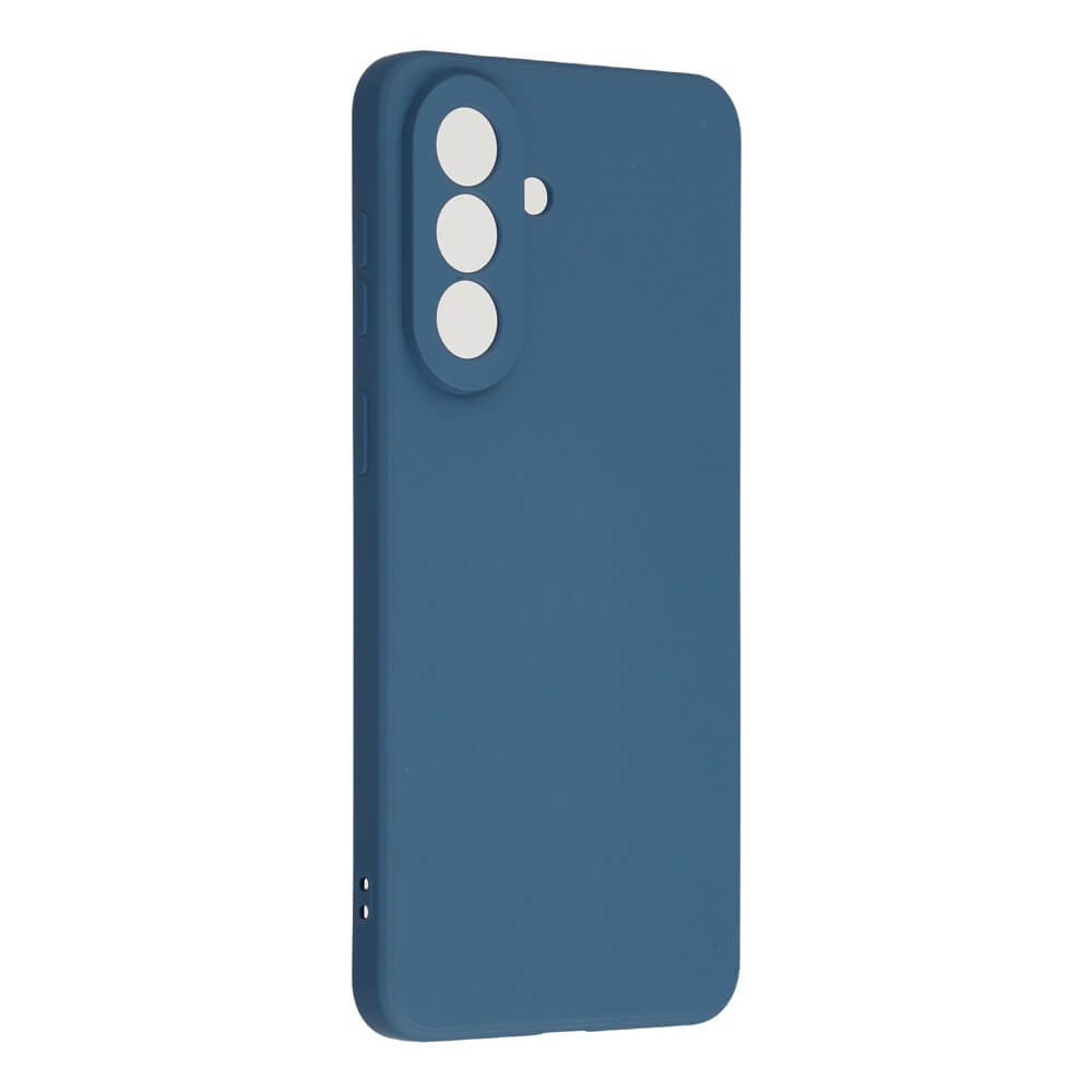 Custodia blu scuro per telefono con tre aperture per obiettivi della fotocamera in alto.