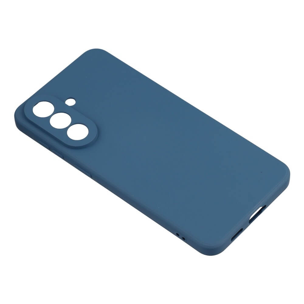 Una custodia per telefono blu con tre ritagli per fotocamera e pulsanti laterali.