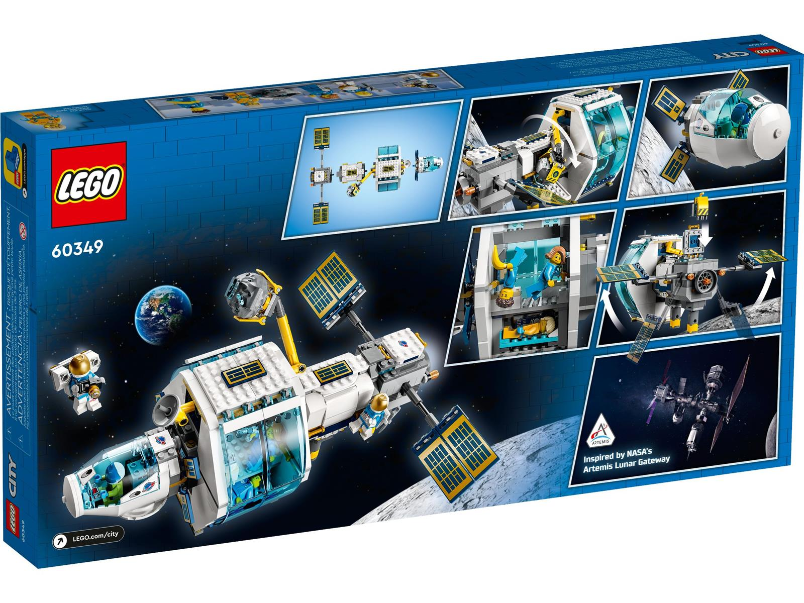 Ein Lego-Raumschiff mit Astronauten und der Erde im Hintergrund.