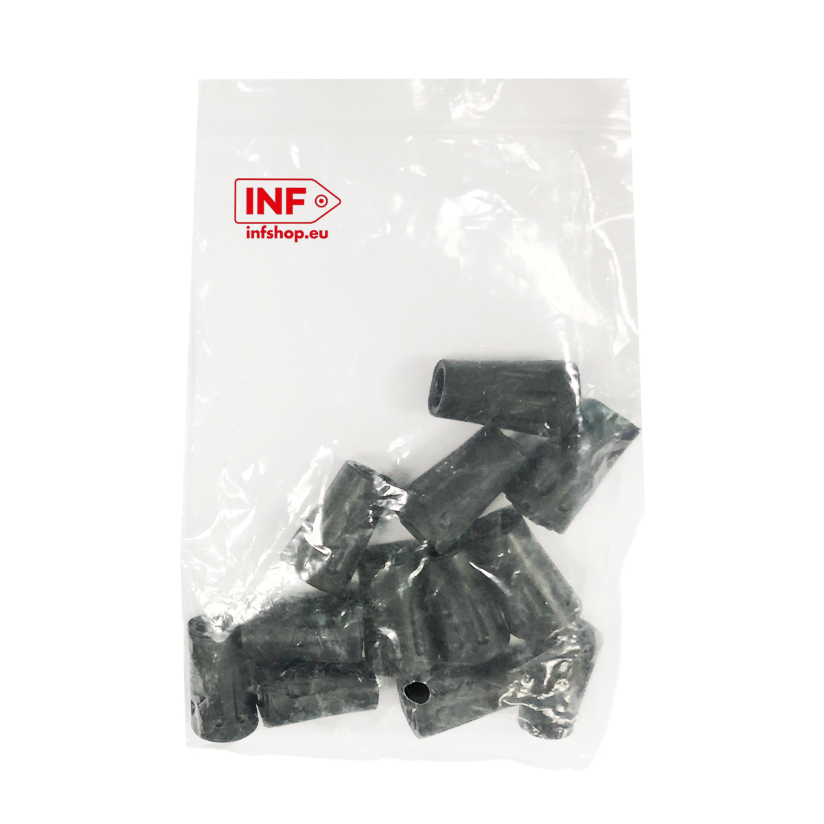 Czarne gumowe kapturki w przezroczystej torbie z logo INF.