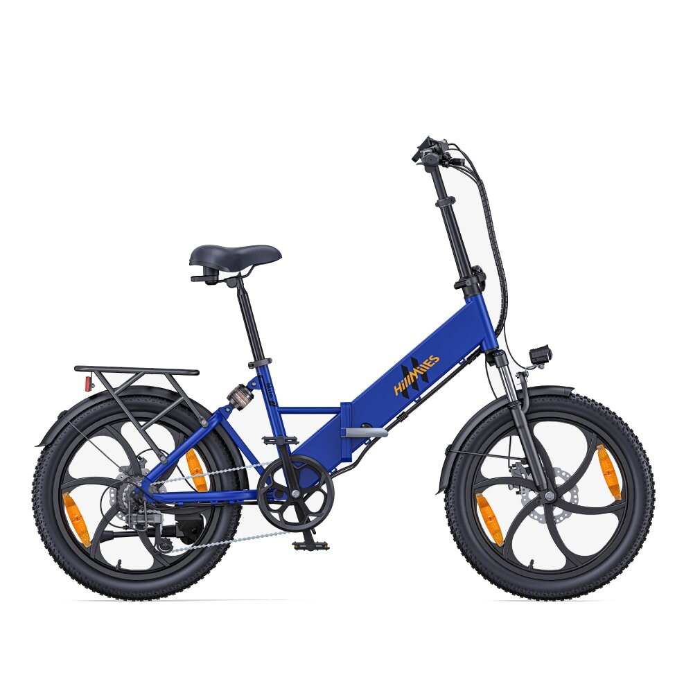 Ein blaues faltbares Elektrofahrrad mit schwarzem Sattel und Gepäckträger.