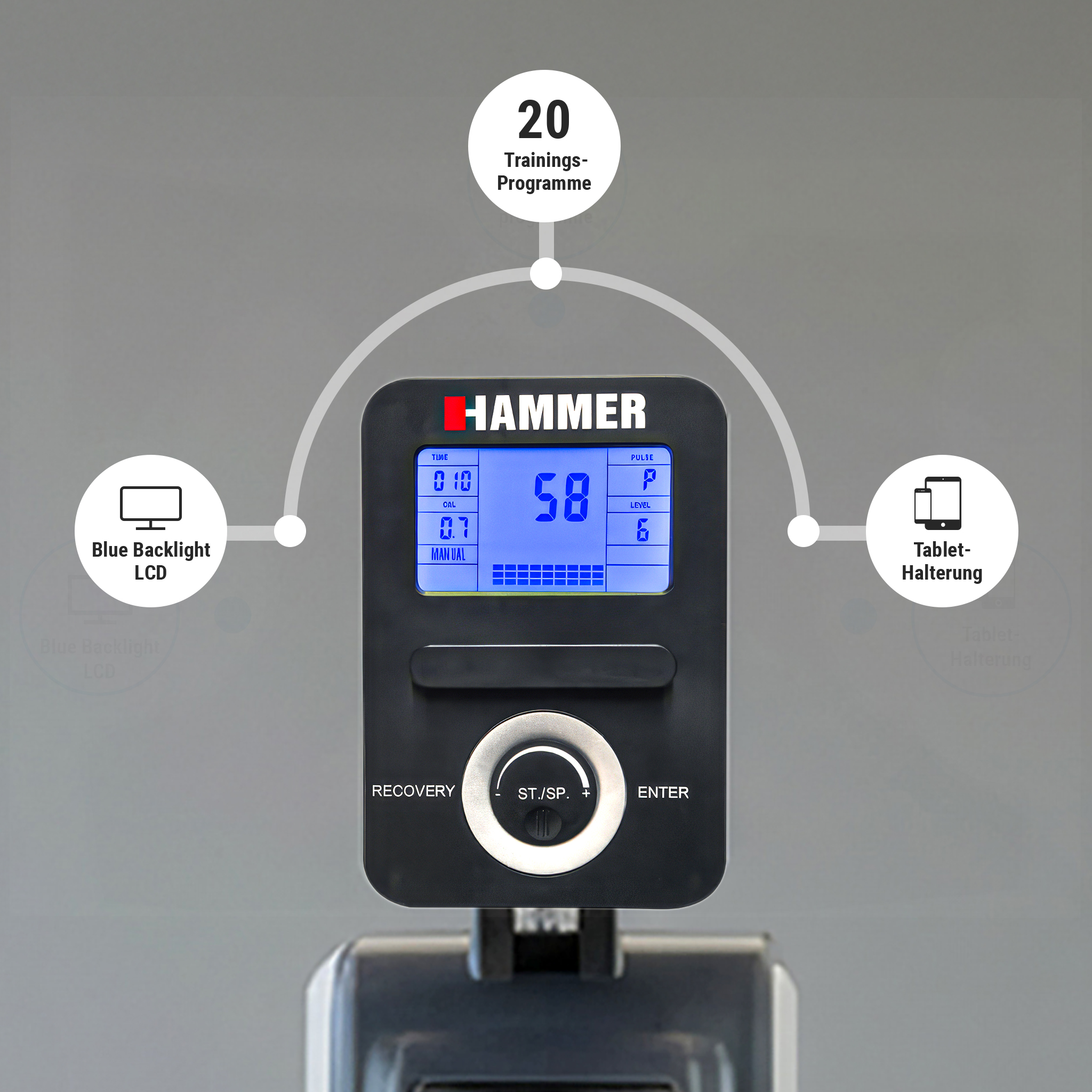 Trainingskonsole mit blau beleuchtetem LCD, 20 Programmen und Tablet-Halterung.