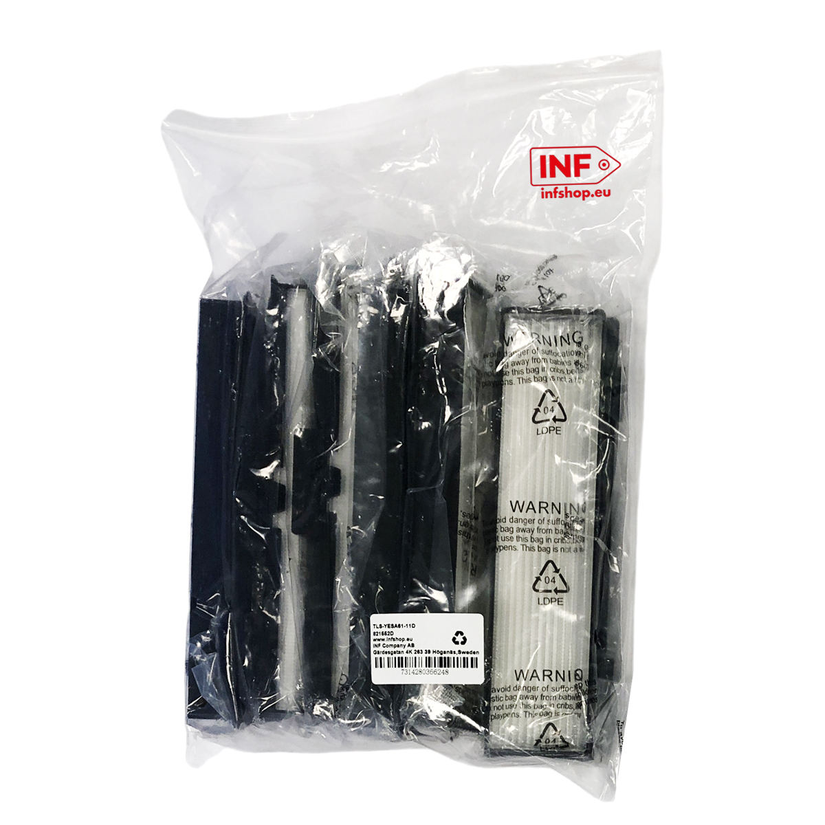 Opakowanie czarnych i białych filtrów, z etykietami ostrzegawczymi i symbolem LDPE.
