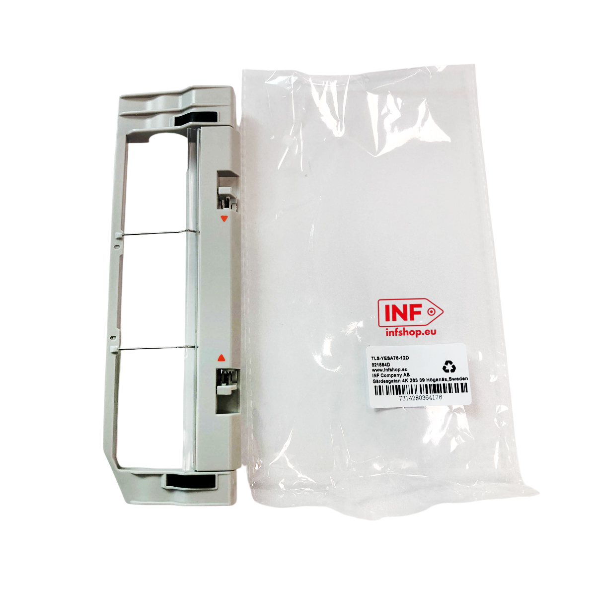 Szara część obudowy leży obok torby plastikowej z logo INF.