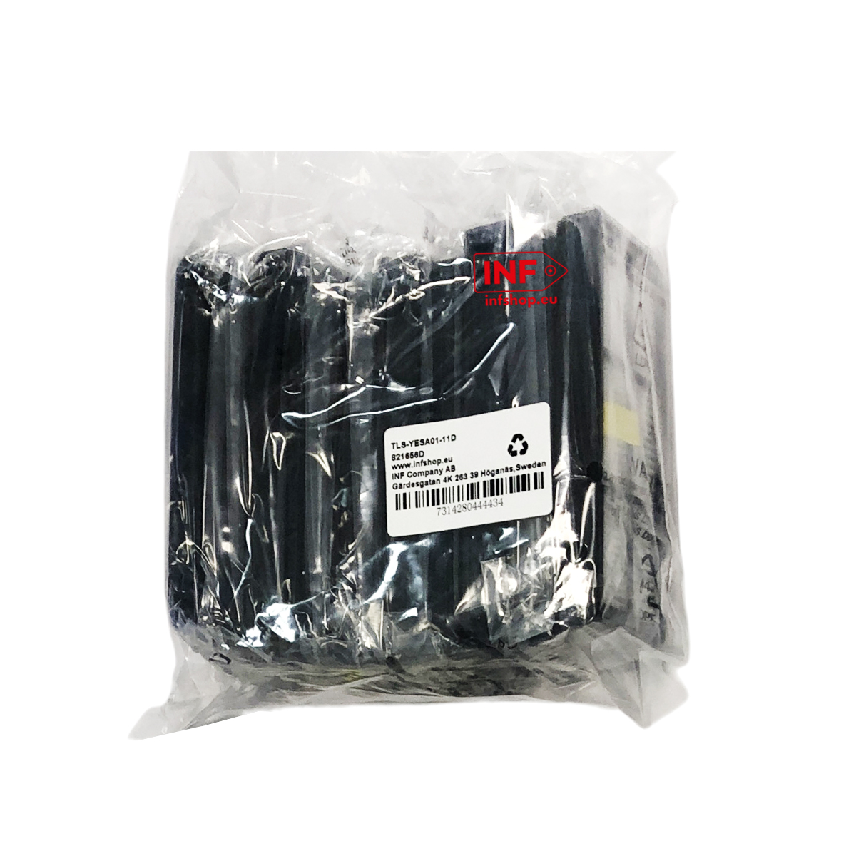 Zapieczętowana torba plastikowa zawiera wiele czarnych przedmiotów, z etykietą zawierającą szczegóły produktu.