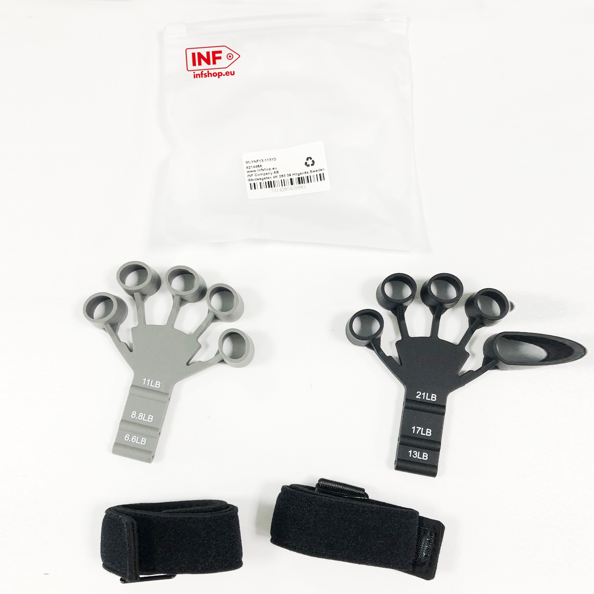 Grauer und schwarzer Fingergriff-Trainer mit Gewichtsangaben und zwei Klettbändern.