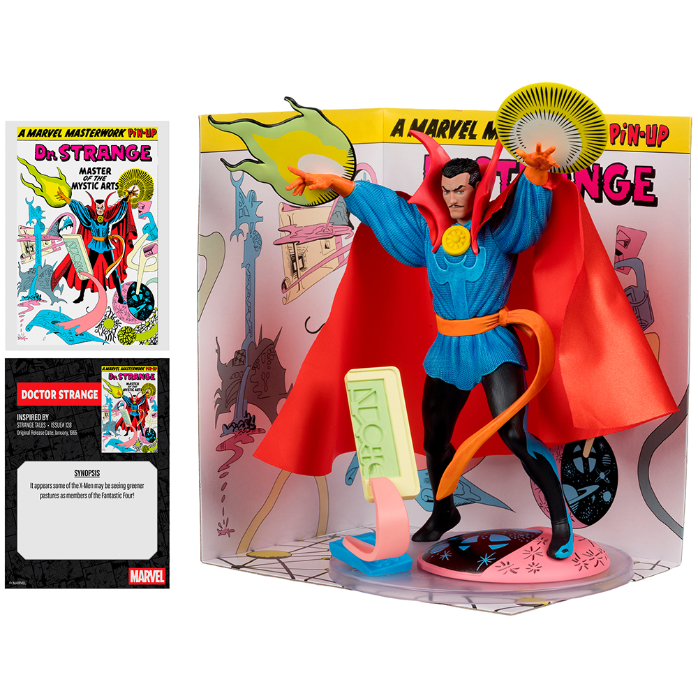 Action figure Dr. Strange con copertina fumetto e playset. Mantello rosso, blu.