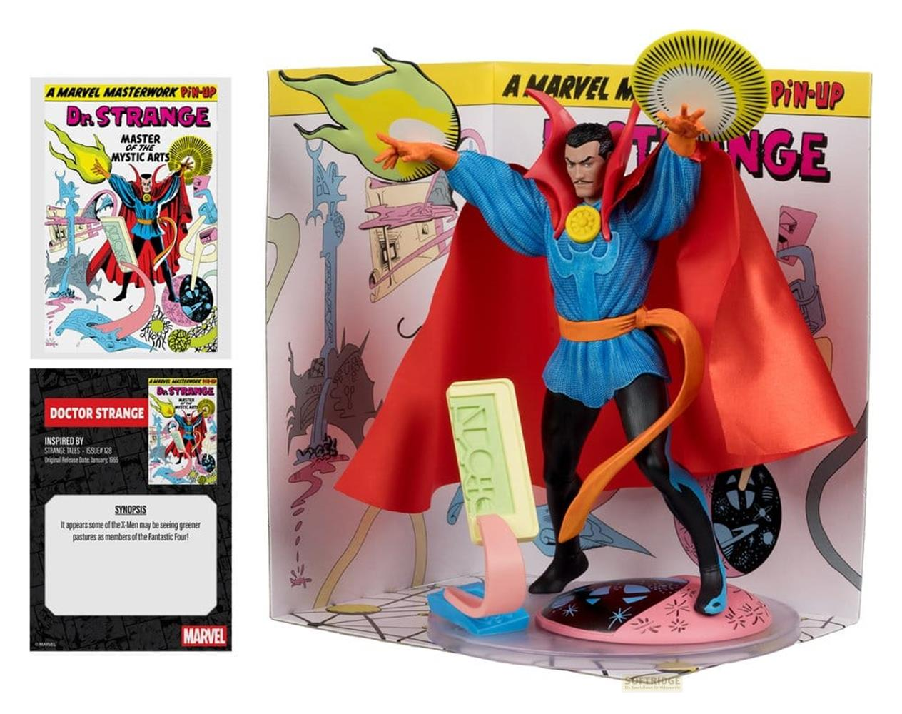 Action figure del Dr. Strange con sfondo a fumetti e copertina.