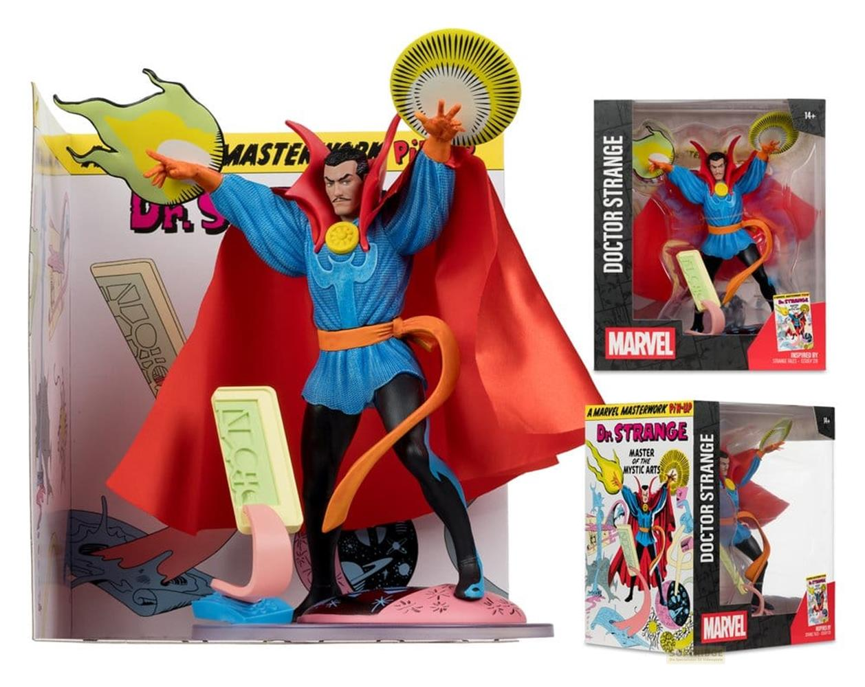 Action figure Dr. Strange con mantello rosso e amuleto giallo, in confezione fumetto.