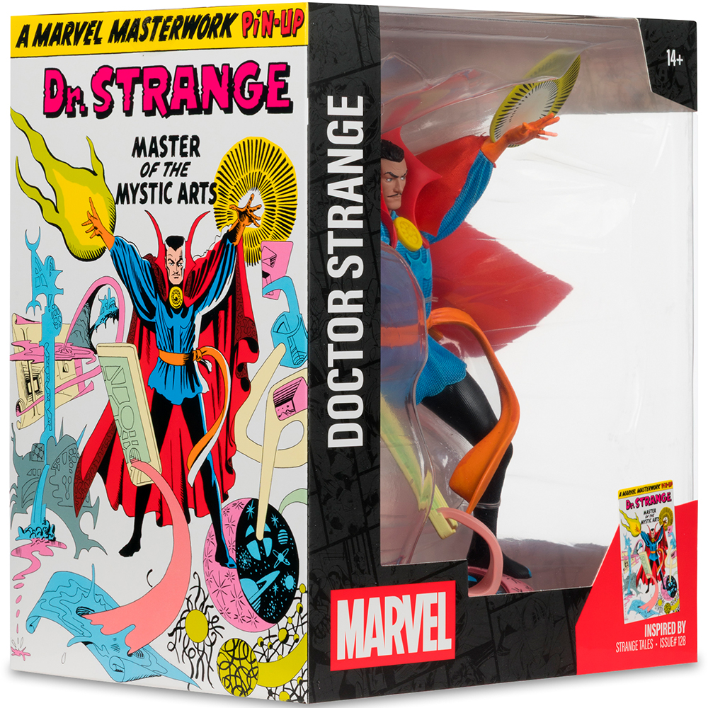 Action figure di Dr. Strange in scatola, ispirata ai fumetti Marvel. L'artwork sulla scatola mostra Dr. Strange.