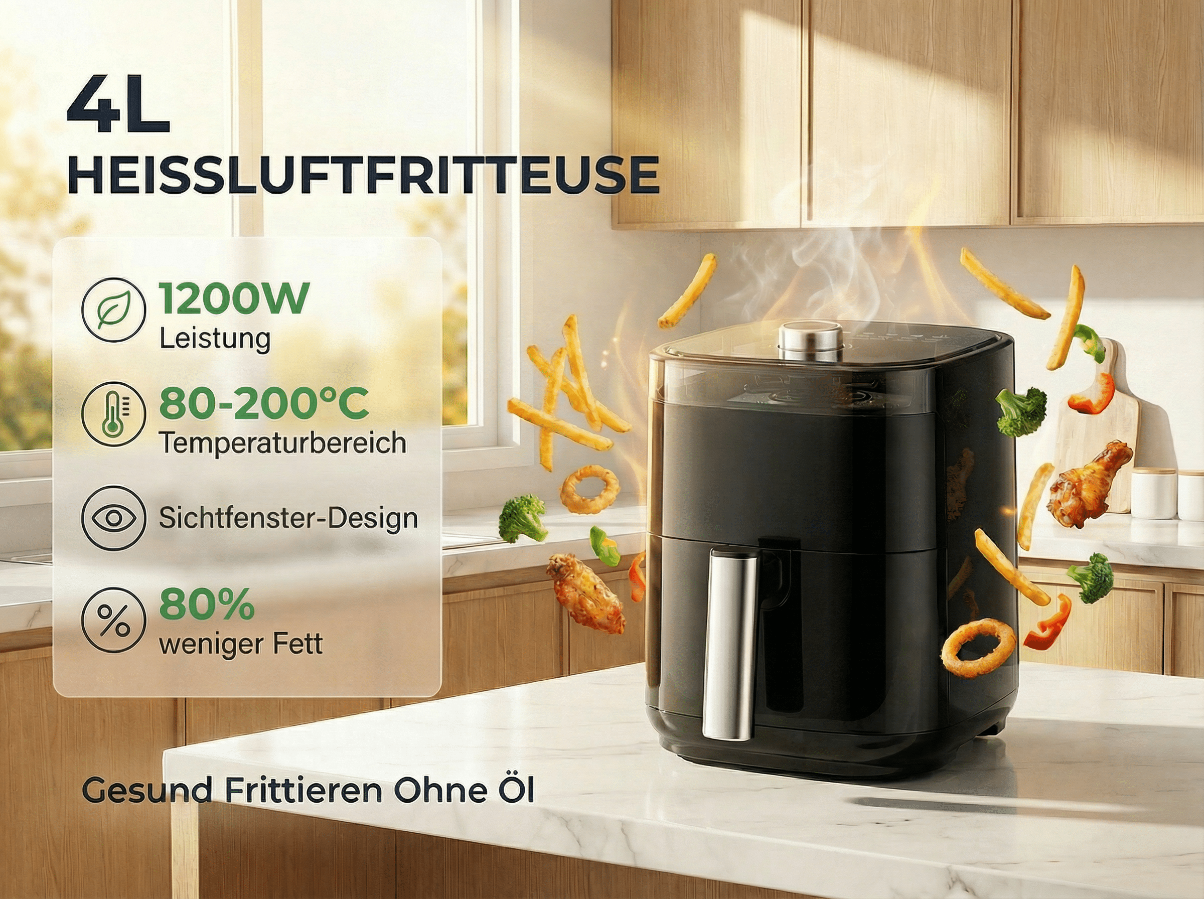 Schwarze Heißluftfritteuse mit fliegenden Pommes, Hähnchenschenkel und Gemüse.