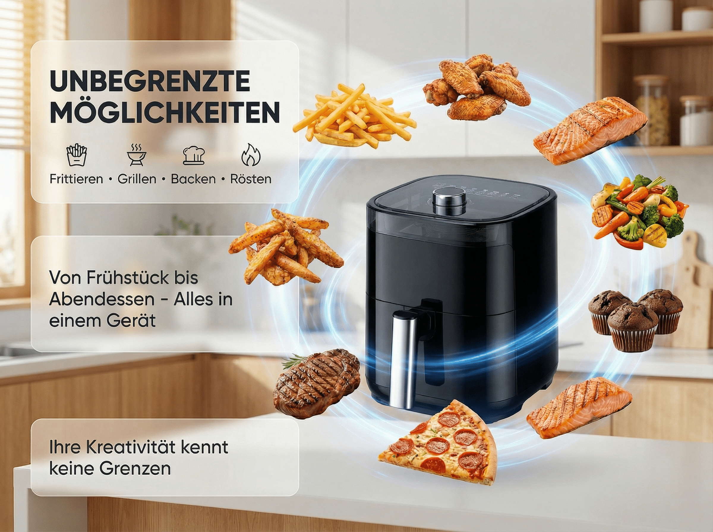 Ein schwarzer Heißluftfritteuse mit Essen wie Pommes, Hähnchenflügeln, Lachs, Pizza, Muffins und Gemüse.
