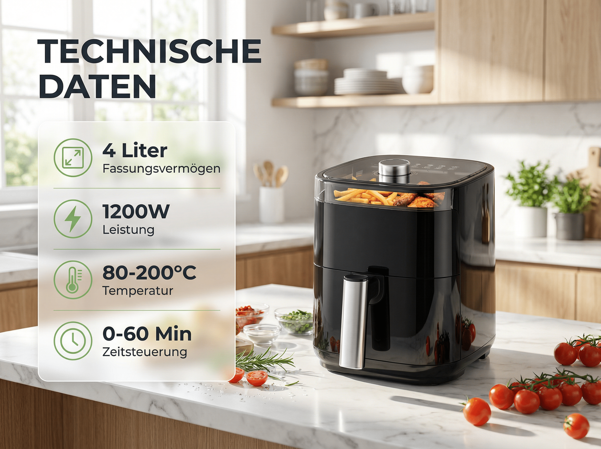 Schwarze Heißluftfritteuse mit Pommes und Hähnchen, technische Daten daneben.