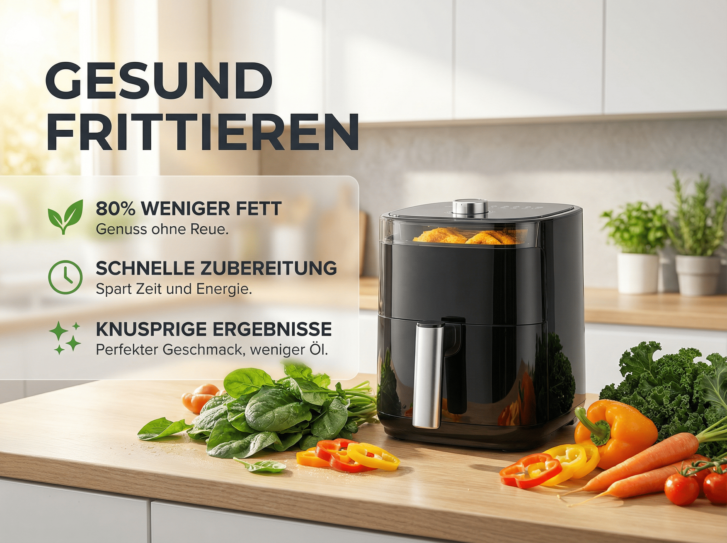 Schwarzer Heißluftfritteuse mit Gemüse auf der Arbeitsplatte.