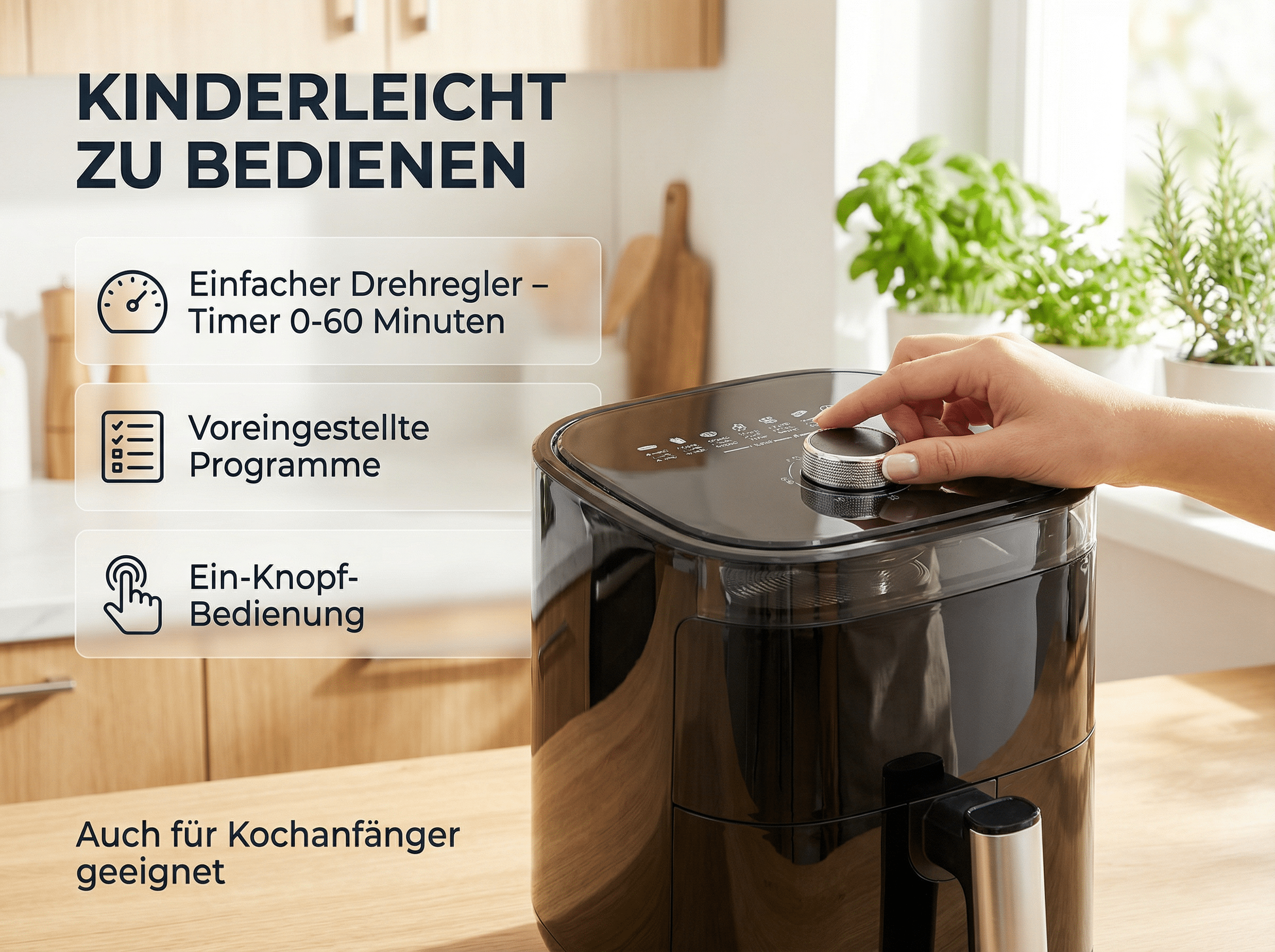 Schwarzer Airfryer mit Touchscreen und Drehregler, leichte Bedienung.