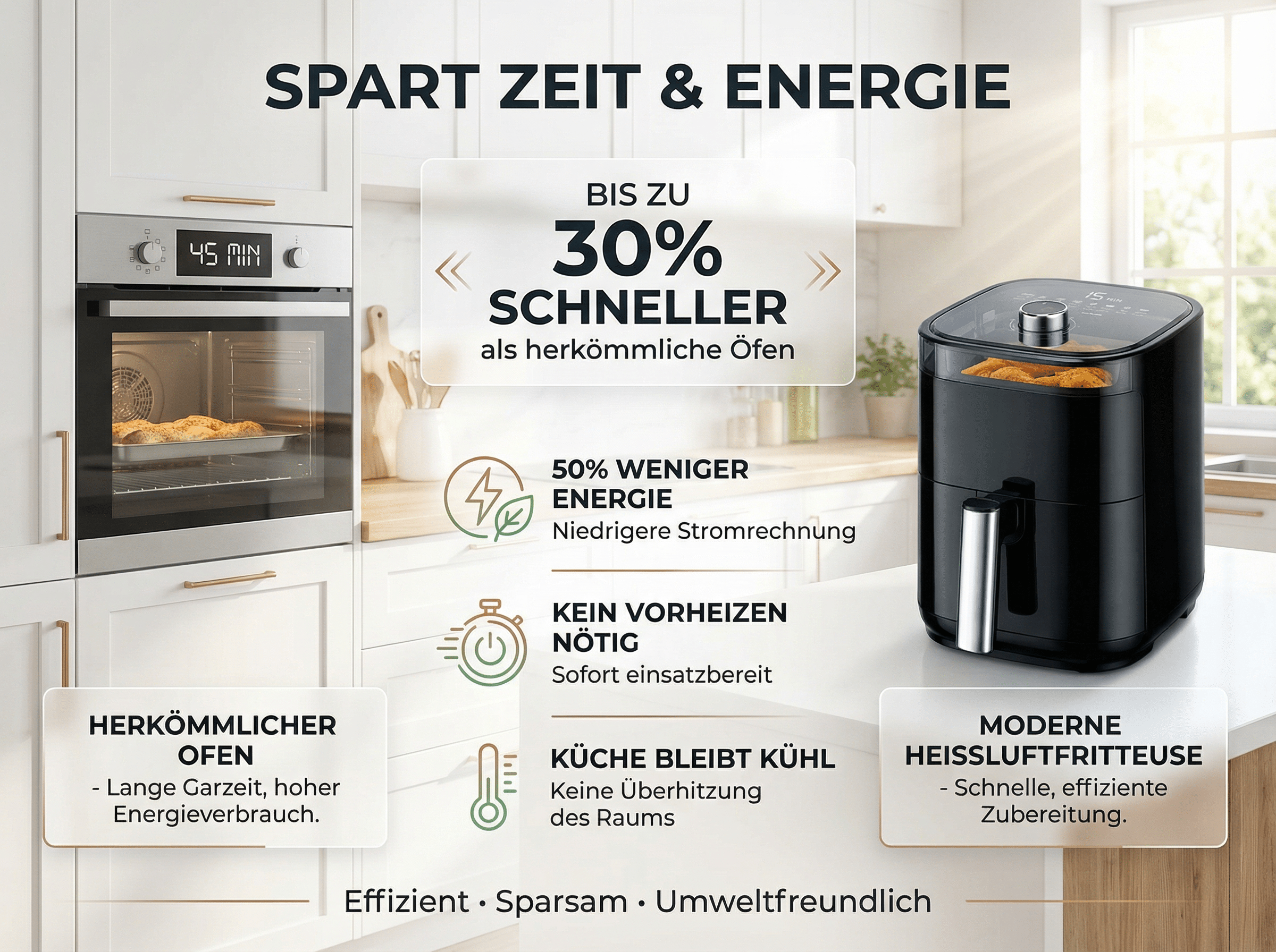 Moderne Küche mit Ofen und Heißluftfritteuse, die Zeit und Energie sparen.