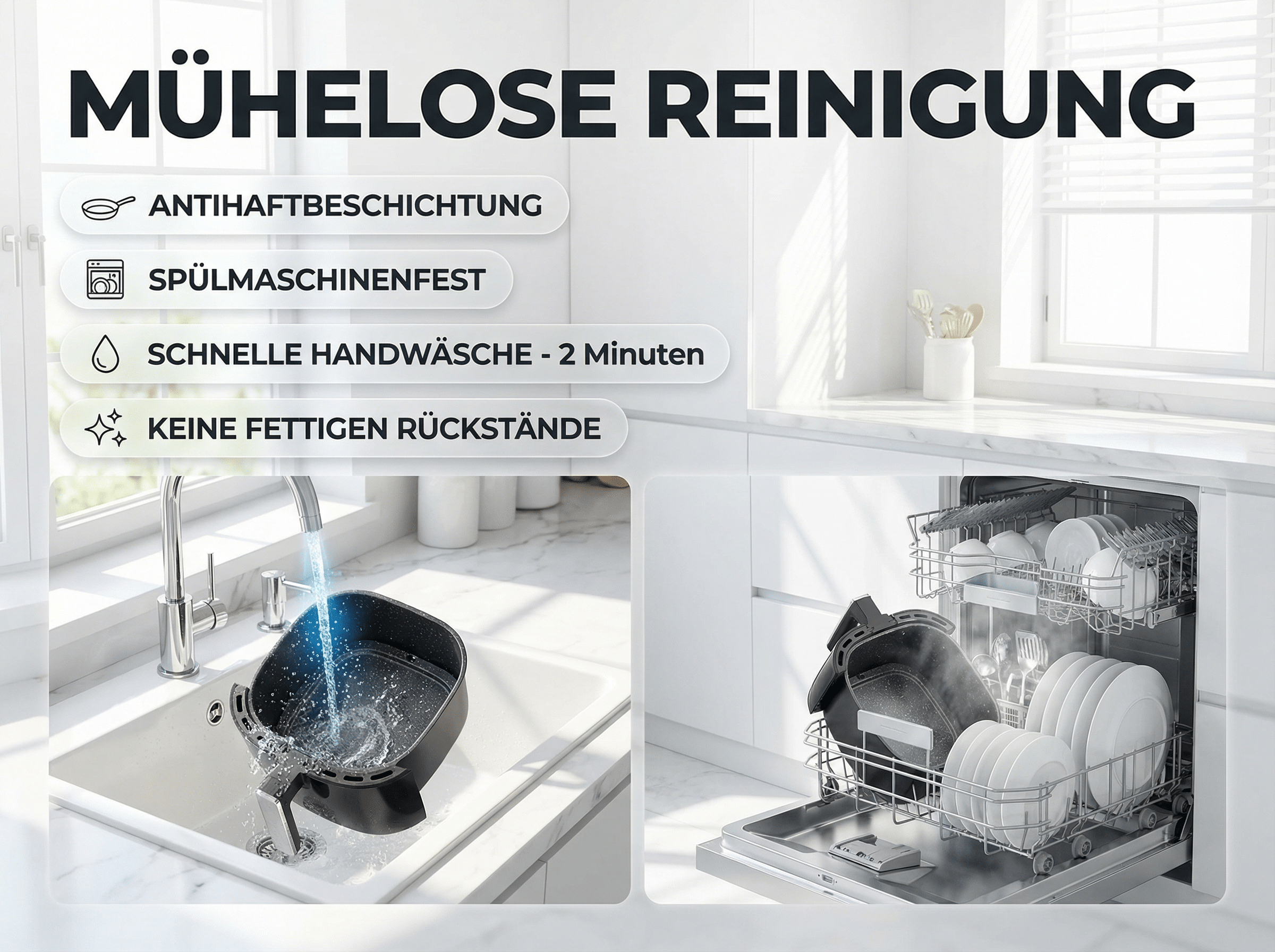 Ein Airfryer-Korb wird in der Spüle gereinigt und ein Geschirrspüler mit Geschirr beladen.