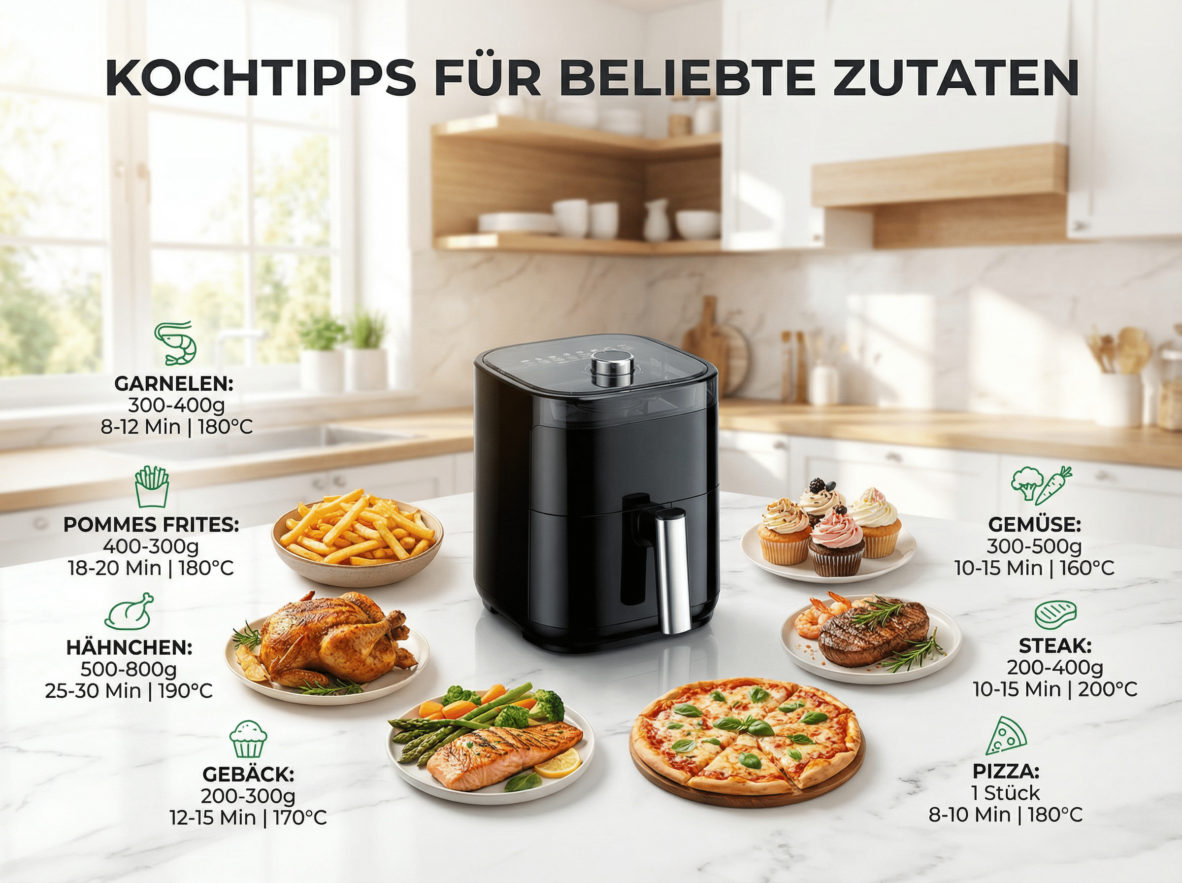 Ein schwarzer Heißluftfritteuse steht neben Gerichten wie Pizza, Steak, Hähnchen, Pommes und Garnelen.