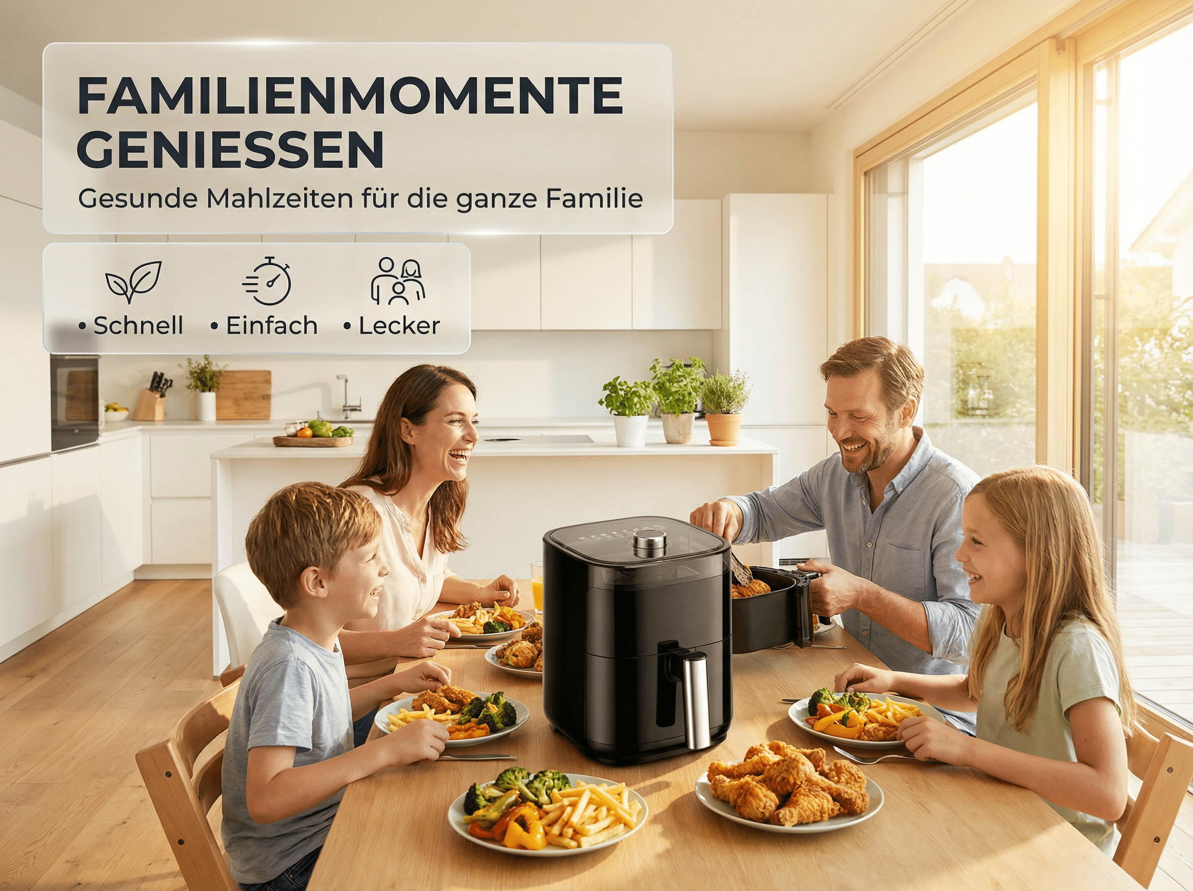 Familie isst in der Küche, auf dem Tisch steht ein schwarzer Heißluftfritteuse.
