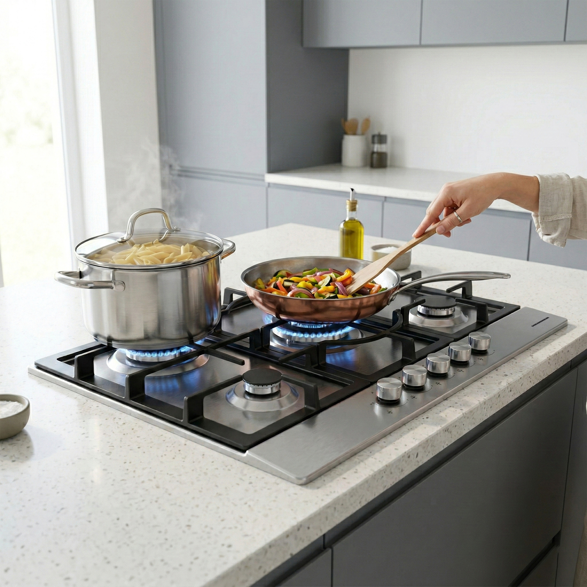 A stovetop with two pots: a large pot of pasta on the left, a smaller pot of vegetables on the right.