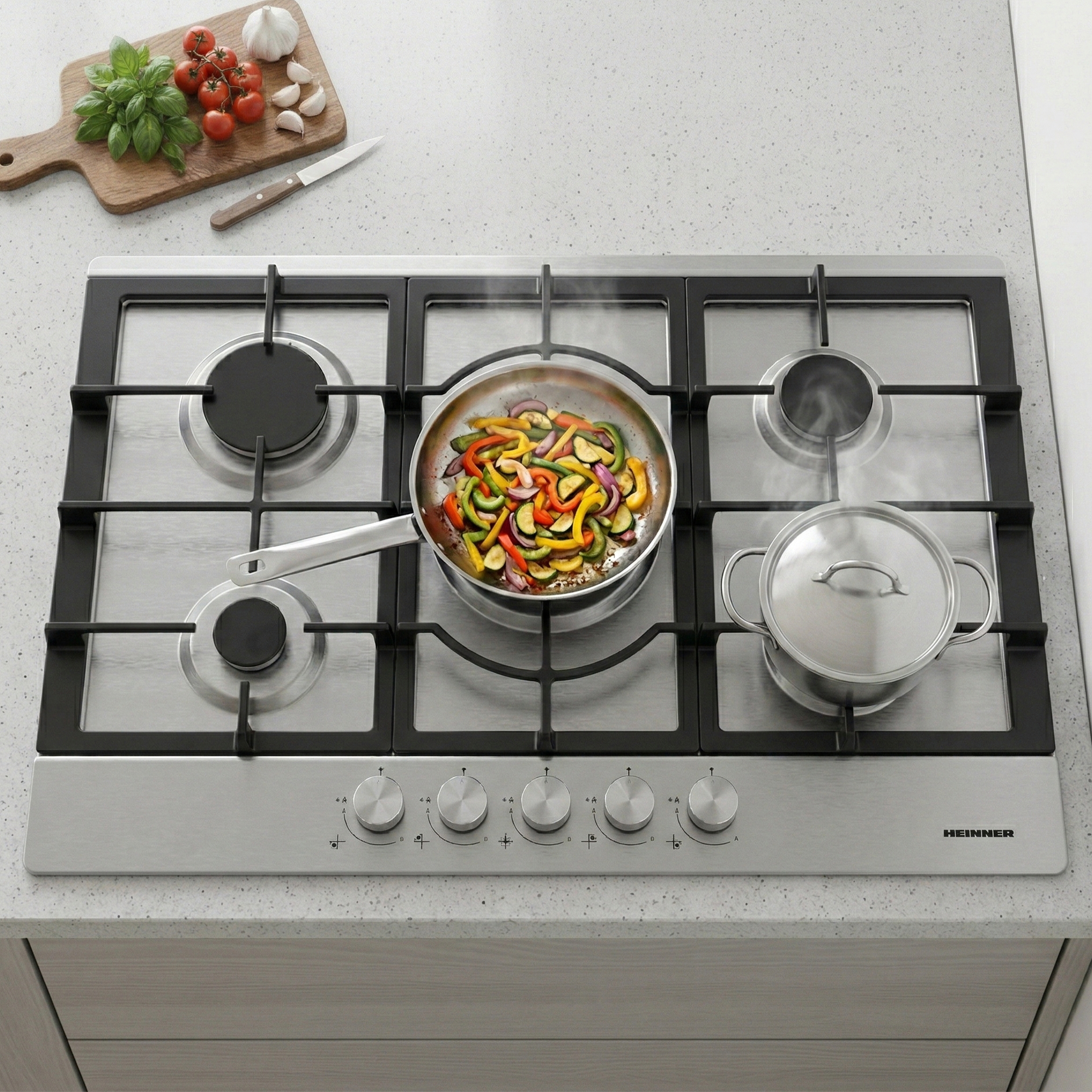 A gas stove with a pot and a pan of stir-fried vegetables.