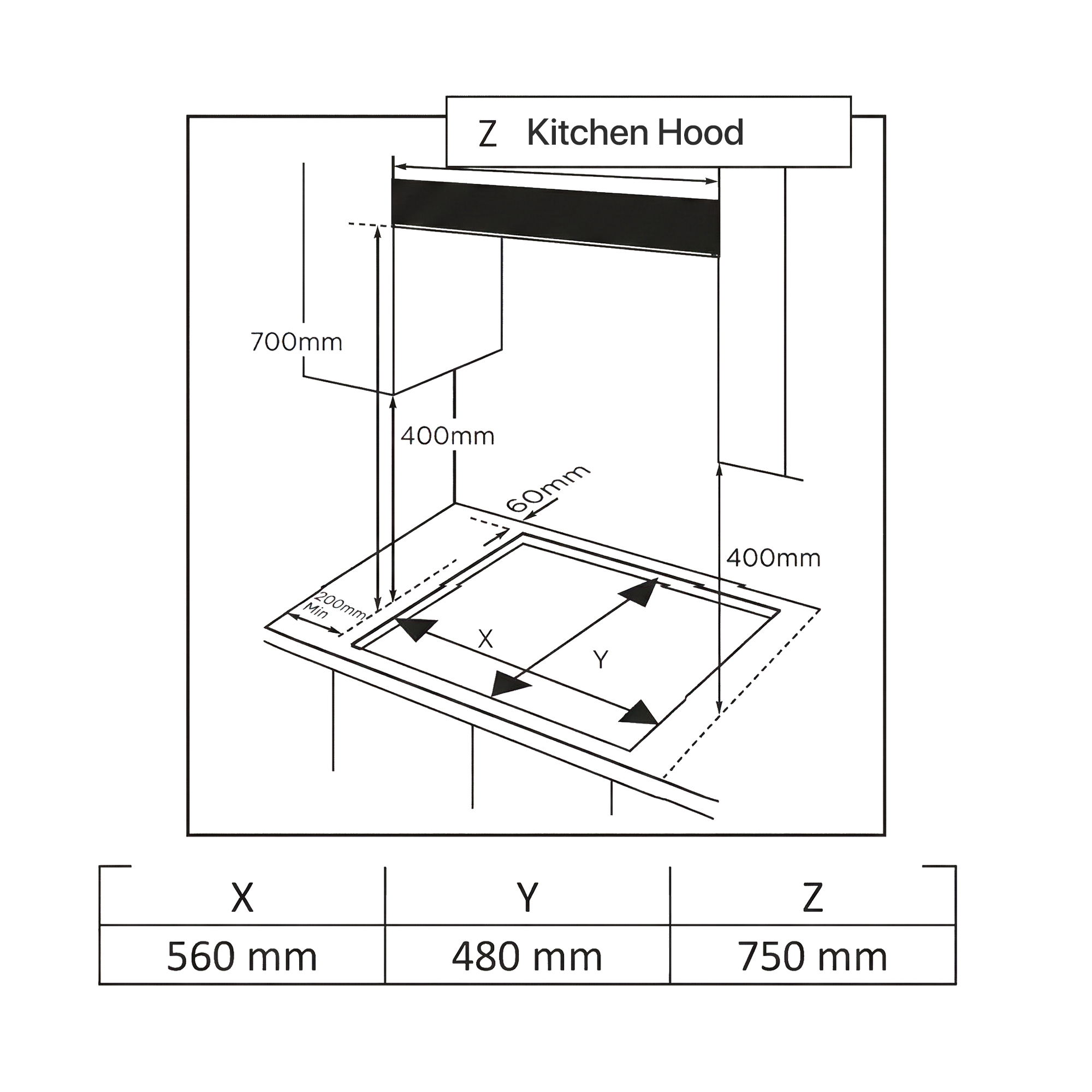 Dessin technique d'une hotte de cuisine sur une plaque de cuisson avec dimensions.