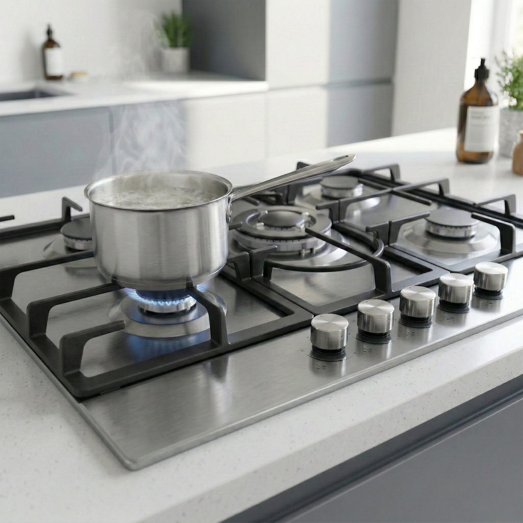 A pot of boiling water on a gas stove, steam rising.