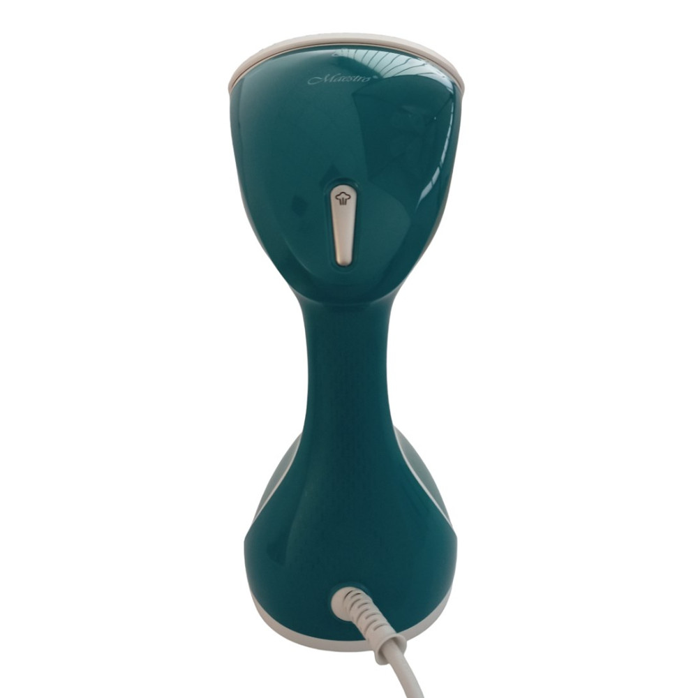 Un vaporizzatore per abiti portatile verde acqua con cavo bianco e pulsante vapore.
