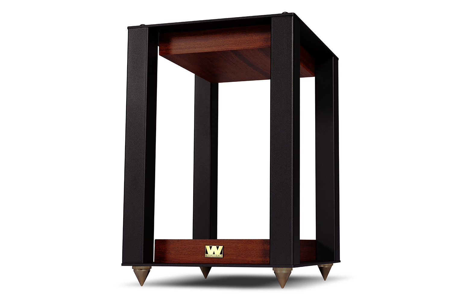 Zwarte luidsprekerstandaard met houten planken en spikes.