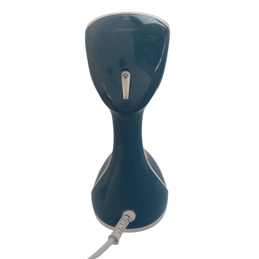 Un vaporizzatore per abiti blu portatile con cavo bianco e pulsante argento.